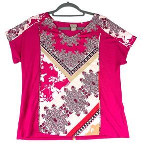 Chicos Top Womens 1P Medium Petite Pink Paisley Floral Short Sleeve Shirt Blouse